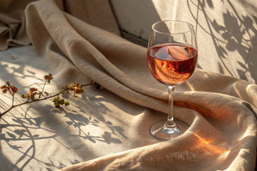 Elegant Glass of Rosé Wine on a Soft Fabric With Warm Natural Light - RomanZ