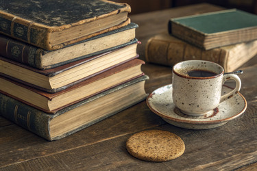 Наслаждаясь кофе с классическими книгами за деревянным столом в уютной обстановке - RomanZ