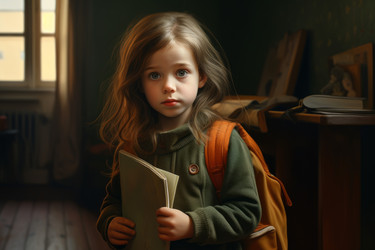 маленькая девочка утром с рюкзаком и книгой. учебная форма. генеративный контент - yliv