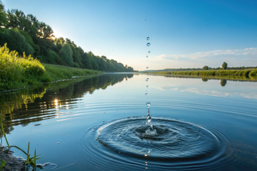 Капли воды создают рябь на безмятежной реке на закате - RomanZ