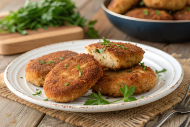 Вкусные домашние рыбные котлеты подаются на белой тарелке с гарниром из петрушки - RomanZ