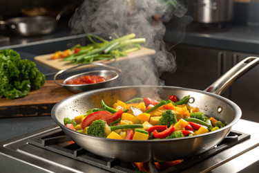 Sautéing Colorful Vegetables in a Modern Kitchen With Steam Rising - RomanZ