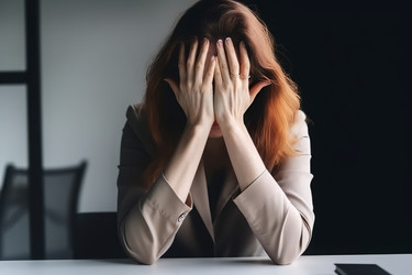 Женщина, выгорающая на работе. Рабочий стол занят, устал. Генерировать искусственный интеллект - yliv