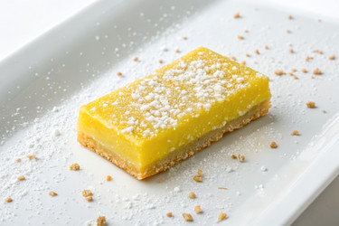 Вкусный лимонный десертный батончик на белой тарелке с сахарной пудрой - RomanZ