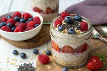 Вкусное ягодное парфе с овсяными хлопьями и семечками подается на деревянной доске - RomanZ