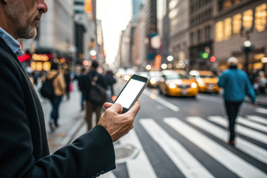 Люди переходят улицу, в то время как мужчина проверяет телефон в оживленной городской обстановке - RomanZ