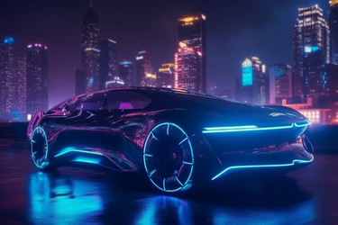 Автомобиль будущего с неоновыми разноцветными колесами. Пространство для транспортного средства. Генерировать искусственный интеллект - yliv