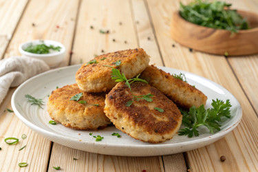 Вкусные золотистые картофельные оладьи подаются на деревенском блюде со свежей зеленью - RomanZ