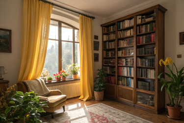Уютный уголок для чтения с книжной полкой и солнечным видом из окна в гостиной - RomanZ