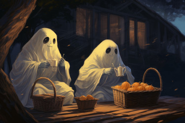 Призраки устраивают чайный пикник в саду. Лицом к дому. Генерировать искусственный интеллект - yliv