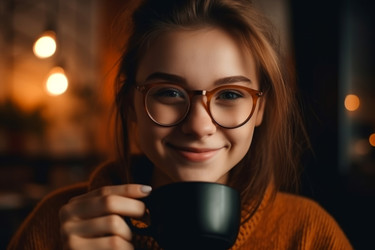 Улыбающаяся женщина с чашкой кофе в руках. Домашняя машина. Генерировать искусственный интеллект - yliv