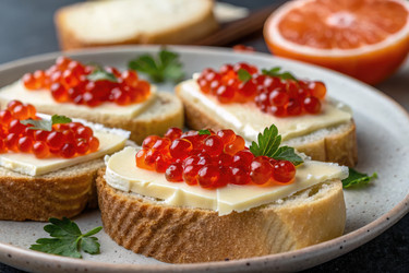 Вкусные открытые бутерброды с маслом и икрой на тарелке - RomanZ