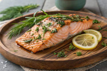Вкусный запеченный лосось, украшенный зеленью и ломтиками лимона на деревянной тарелке - RomanZ