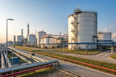 Нефтеперерабатывающий завод с резервуарами для хранения и трубопроводами во время захода солнца - RomanZ