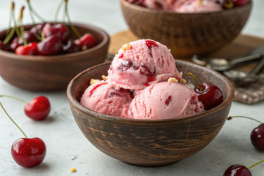 Вкусное вишневое мороженое подается в деревянной миске в деревенском стиле - RomanZ