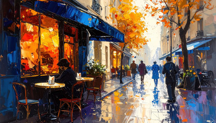 Impressionist painting of a busy Paris street café featuring heavy impasto palette knife marks and vibrant color textures - vidoc