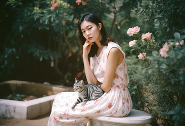 Китайская девушка-кошка на открытом воздухе. Генерировать искусственный интеллект - yliv