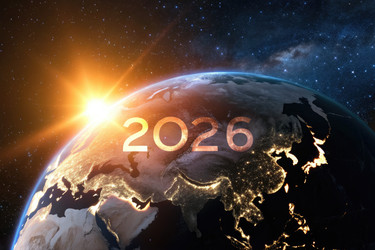 Яркий восход Солнца над Землей с футуристической датой, обозначающей 2026 год - RomanZ