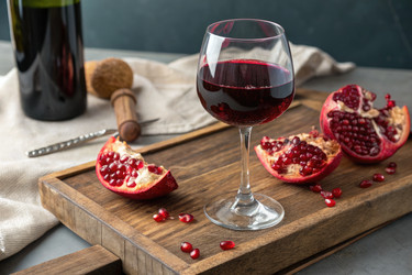 Вкусное гранатовое вино подается со свежими плодами граната на деревянной доске - RomanZ