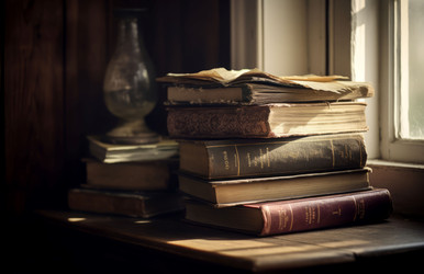 Стопка старых книг на столе. Авторское издание. Генерировать искусственный интеллект - yliv