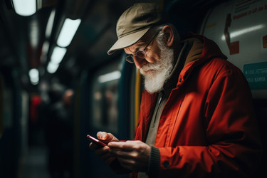 Старик в лондонском метро просматривает смартфон. Работа в командировках. Генерировать искусственный интеллект - yliv