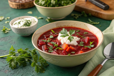 вкуснейшая тарелка свекольника, украшенного свежей зеленью и сливками - RomanZ