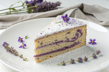 вкусный кусочек лавандового торта на тарелке со свежими цветами - RomanZ