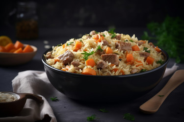 Мясная миска для плова по-азиатски. Стол с едой. Генерировать искусственный интеллект - yliv