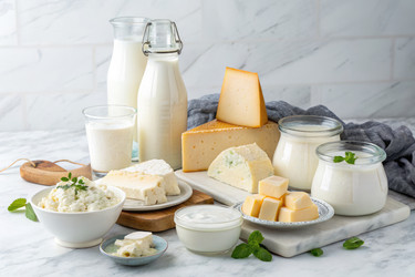 Разнообразные молочные продукты выставлены на мраморной столешнице в светлой кухне - RomanZ