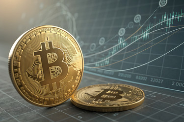 биткойн-монеты с финансовыми графиками, показывающими тенденции рынка и его рост - RomanZ