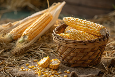 Сбор урожая кукурузы в загородной обстановке со свежими продуктами в корзине - RomanZ