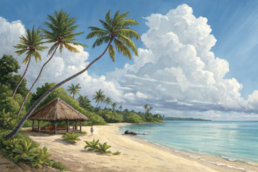 Тропический пляж с соломенной крышей и пальмами под ярким небом - RomanZ