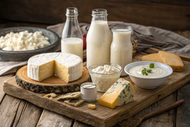 Вкусный ассортимент молочных продуктов, выставленный на деревянном столе - RomanZ