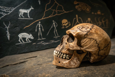 Исторический череп рядом с древними наскальными рисунками в тускло освещенной пещере - RomanZ