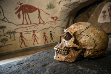 Древний череп выставлен рядом с доисторическими наскальными рисунками в историческом месте - RomanZ
