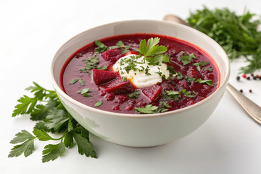 Свежеприготовленный свекольник, украшенный зеленью и сливками - RomanZ