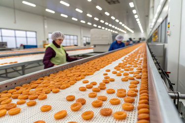 Работники фабрики обрабатывают закуски на конвейерной ленте в производственном цехе - RomanZ