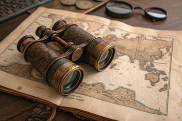 Старинный бинокль на старинной карте в кабинете инструментов для разведки - RomanZ