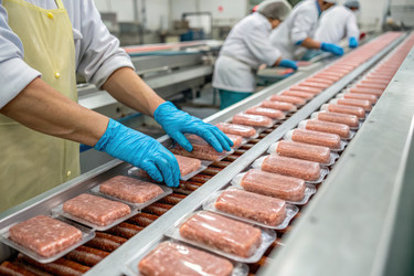 Работники готовят и упаковывают мясной фарш на перерабатывающем предприятии в дневное время - RomanZ