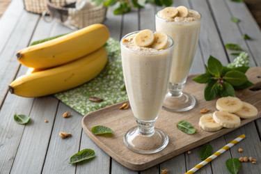Вкусные банановые смузи подаются в высоких бокалах на деревянном столе - RomanZ