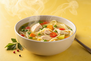 Теплый куриный суп с лапшой, дымящийся в миске на желтом фоне - RomanZ