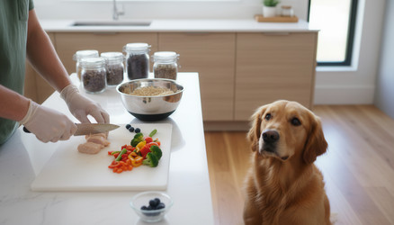 Человек в перчатках для защиты пищевых продуктов нарезает свежие овощи на белой разделочной доске, в то время как золотистый ретривер внимательно наблюдает за происходящим на кухне - vidoc
