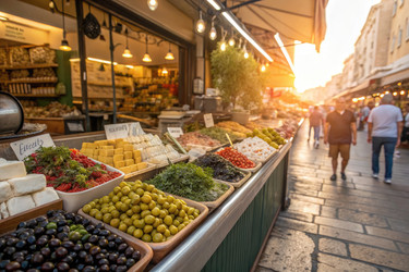 Оживленный рынок на закате со свежими продуктами и местными продавцами - RomanZ