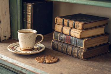 Уютный вечер с кофе и классическими книгами на деревянной полке - RomanZ