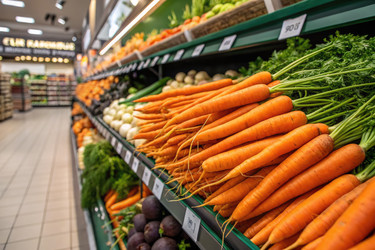Свежая морковь выставлена на видном месте в отделе продуктов продуктового магазина - RomanZ
