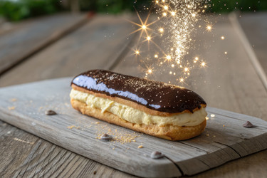 Chocolate Éclair Dessert With Sparkling Decoration on Wooden Table - RomanZ