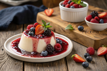 Вкусный десерт с ягодами и фруктовым соусом на деревянном столе - RomanZ