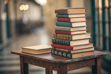 Книги, аккуратно сложенные стопкой на деревянном столе в историческом коридоре - RomanZ