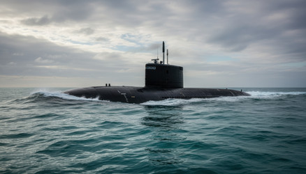Военно-морская подводная лодка, курсирующая по поверхности океанских вод под пасмурным драматическим небом во время операций по обороне на море - vidoc