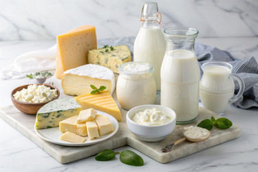 Разнообразные сыры и молочные продукты, разложенные на мраморной поверхности - RomanZ